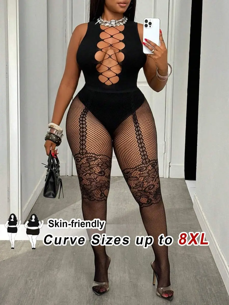 [FREE SHIP] Curve Size US22Music Festival, Seaside Vacation, Bohemia Women Hollow Out Mesh Sheer Leggings