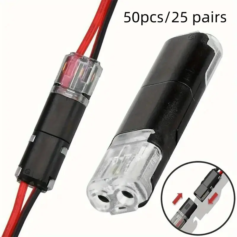 50-Pack Locking Dual Wire Plugs, Push-In 2-Pin 2-Way LED Wiring Connectors, Led Strip Connectors, Suitable for 18-22awg Wires, Detachable Quick Connectors