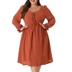 Women's Plus Size Midi Long Sleeve Sweetheart Bow Tie Swing Ruffle Swiss Dots Boho Babydoll Dresses - Agnes Orinda 4X Caramel
