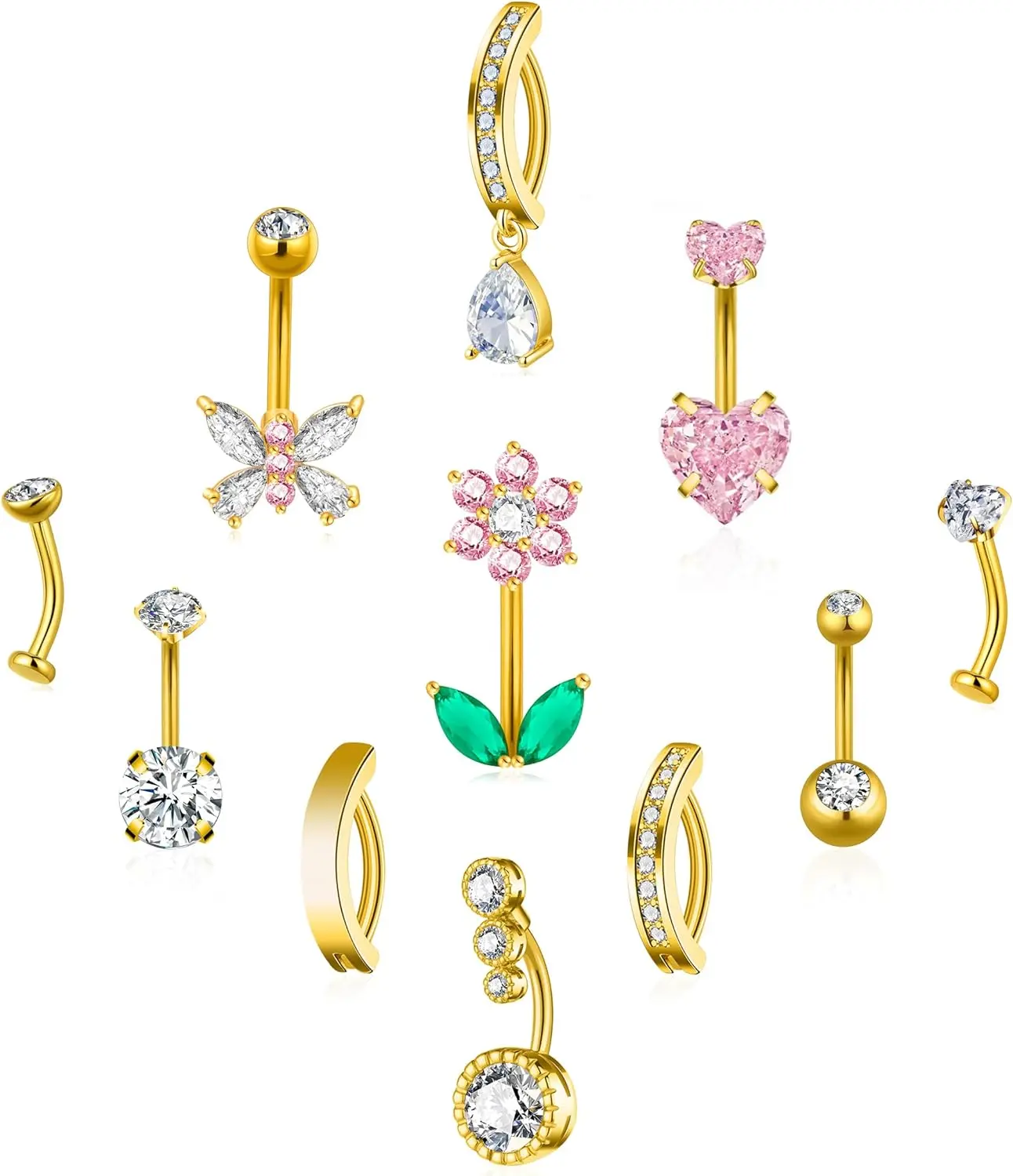 11 Pcs Belly Button Ring Surgical Stainless Steel Butterfly Flower Belly Piercing Floating Clicker Belly Rings for Women Navel Piercing Jewelry Pack