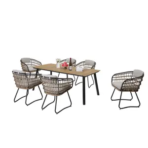 7-Piece Outdoor Wicker Dining Set with Wood-Plastic Composite  board Table