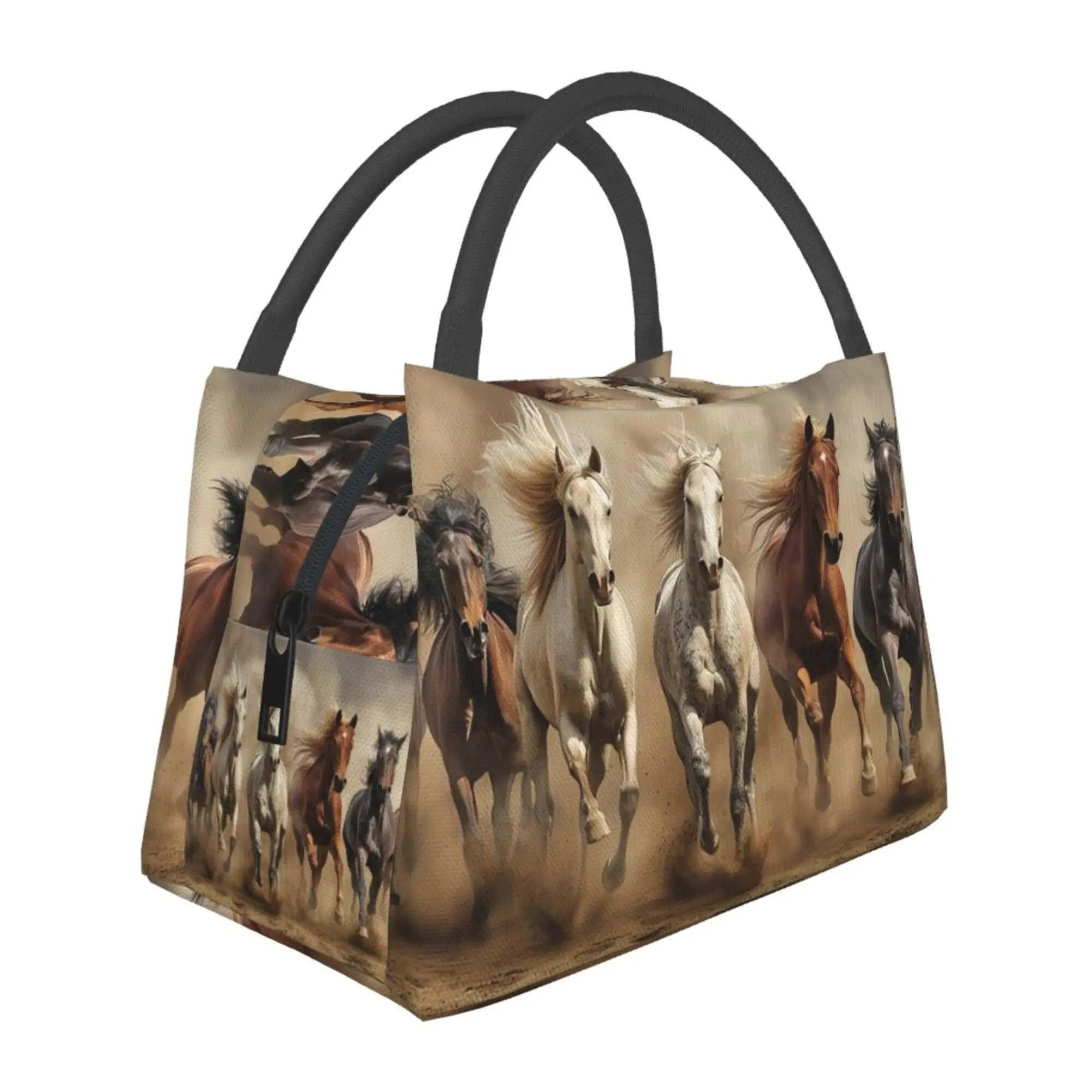 Lunch box, lunch bag, reusable portable insulation bag, insulation bag,gallop on horseback pattern, suitable for outdoor camping, work, school, fitness