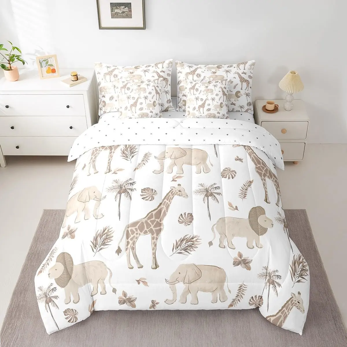 Kids Jungle Animals Comforter Set Elephant Lion Giraffe Bedding Sets African Safari Animal Bed in a Bag with 2 Pillowcases,Brown