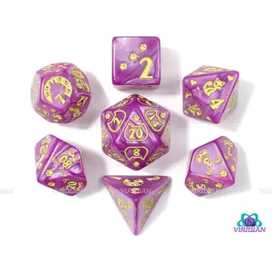 Purple Kitty | Pearled Light Purple, Lime Green, Cat Themed | Acrylic Dice Set (7)