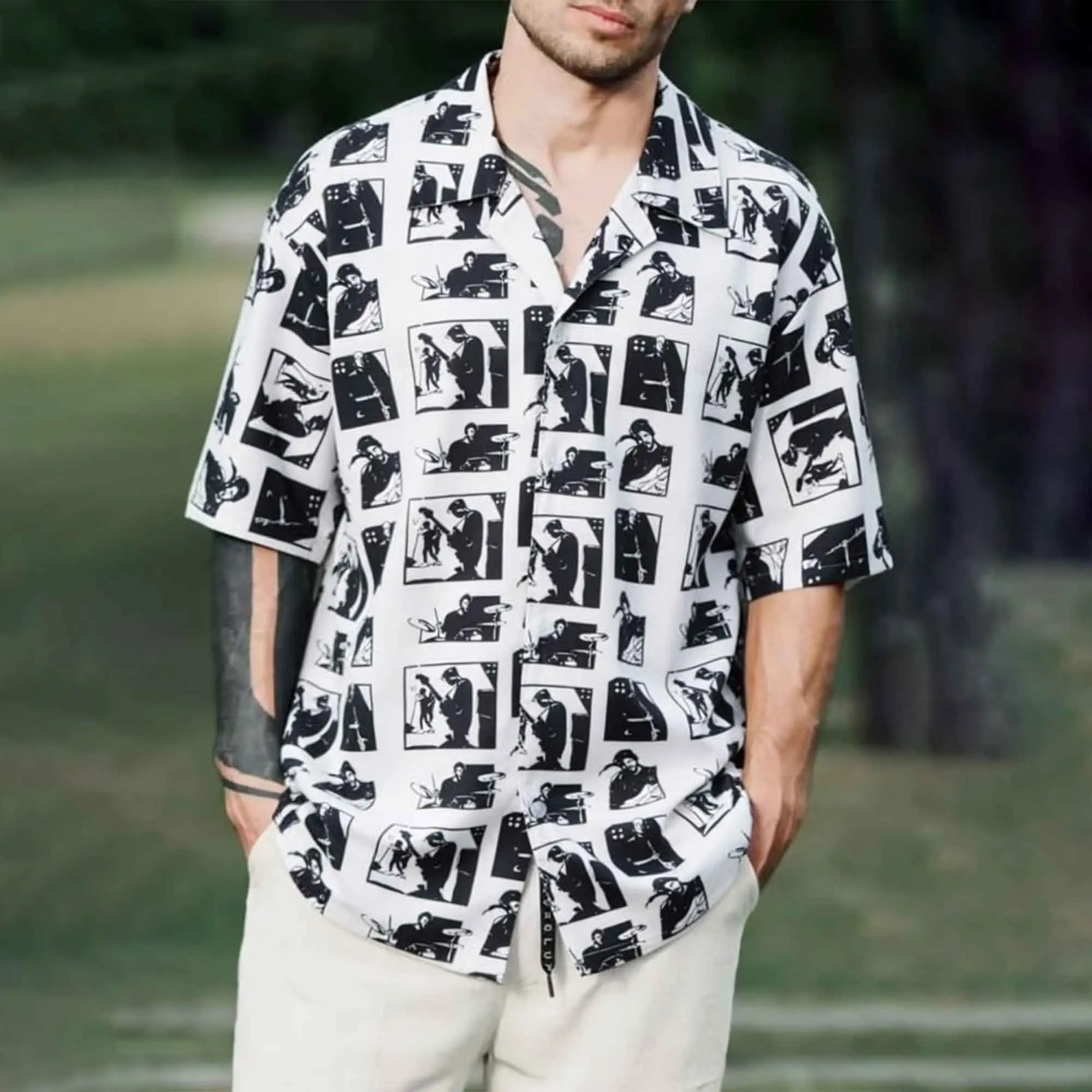 Men’s summer short-sleeve shirt with Cuban collar, black-and-white band comic print/retro newspaper print, casual Hawaiian floral shirt