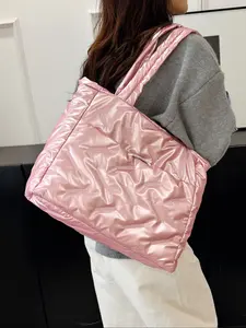 Women's Large Capacity Lightweight Cotton Jacket Shoulder Bag, Adjustable Strap, Zip Closure, Simple Design, Work Travel Daily Use