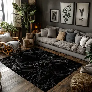 Black White Vein Marble Crystal Velvet Area Rug Non-Slip Modern Living Room Rug #BlackWhiteMarbleRug #MinimalistHomeDecor #CrackMarbleCarpet #LuxurySolidColorMat #CrystalVelvetRug