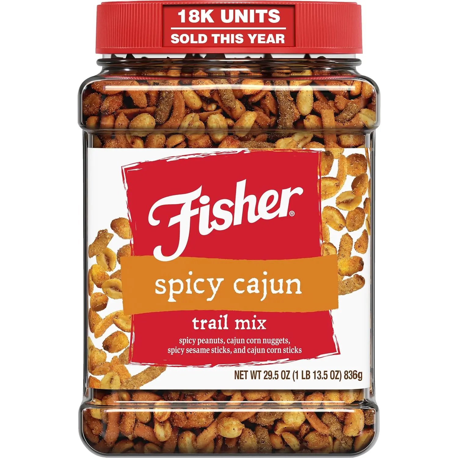 Fisher Spicy Cajun Trail Mix 29.5 oz Resealable Jar, Crunchy Snack Mix with Peanuts, Corn Nuggets & Sesame Sticks