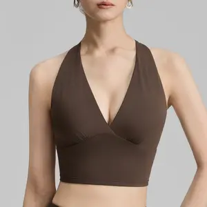 Women's Featherweight Max Sports Bra - V-Neck Outer-Wear Halter Yoga Vest with Fixed Cup