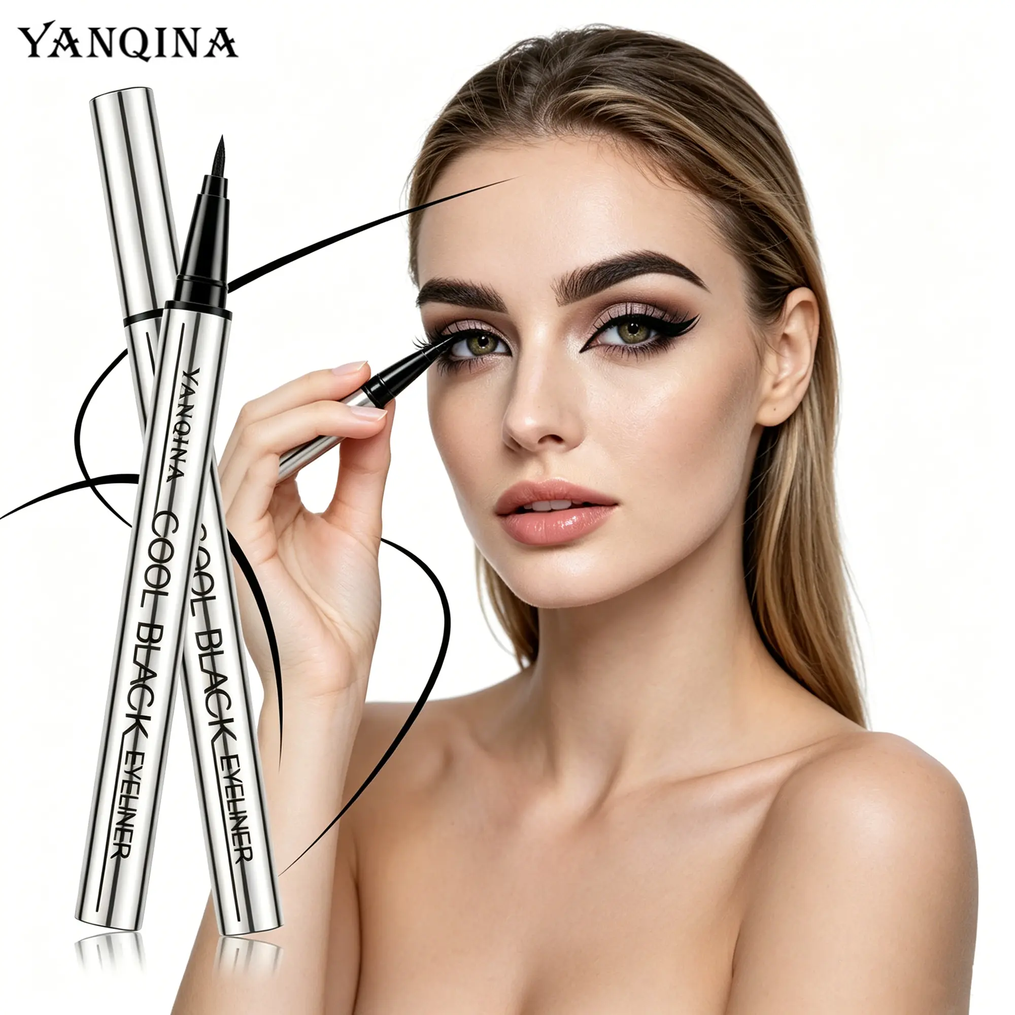 YANQINA  Liquid Eyeliner Pen, Smudge Proof Long Lasting Quick Drying High Pigment Black Eyeliner, Precise No Fading No Transfer Pearlescent Glitter Eye Makeup Set for Beginners Daily Wear