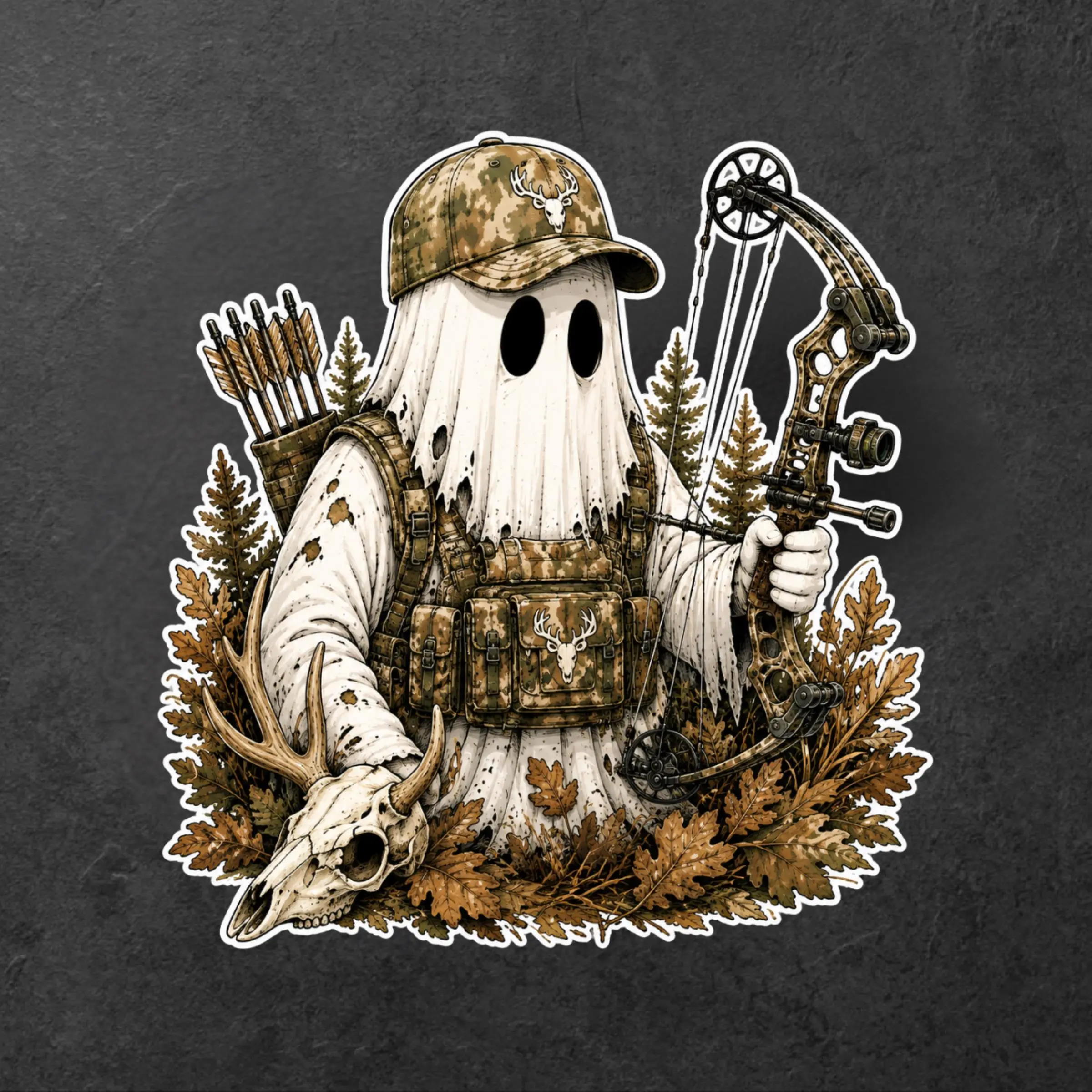 Ghost Bow Hunter Sticker, Camo Archery Deer Hunting Design, Spooky Outdoor Decal for Tumbler Laptop Cooler Truck & Hunting Gear