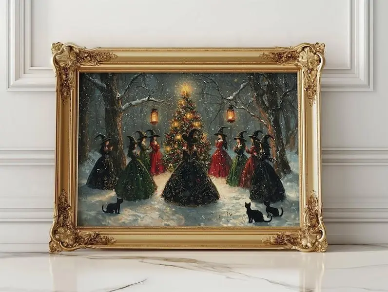 Midnight Tree Festival Witchy Christmas Wall Art, Yule Witch Solstice Print, Cozy Spooky Winter Home Decor, Black Cat Holiday Poster For Gothic Aesthetic