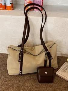 Retro color-block tote bag, large capacity, suede patchwork shoulder bag, with coin purse, suitable for commuting, shopping, and everyday accessories, Textured commuter bag