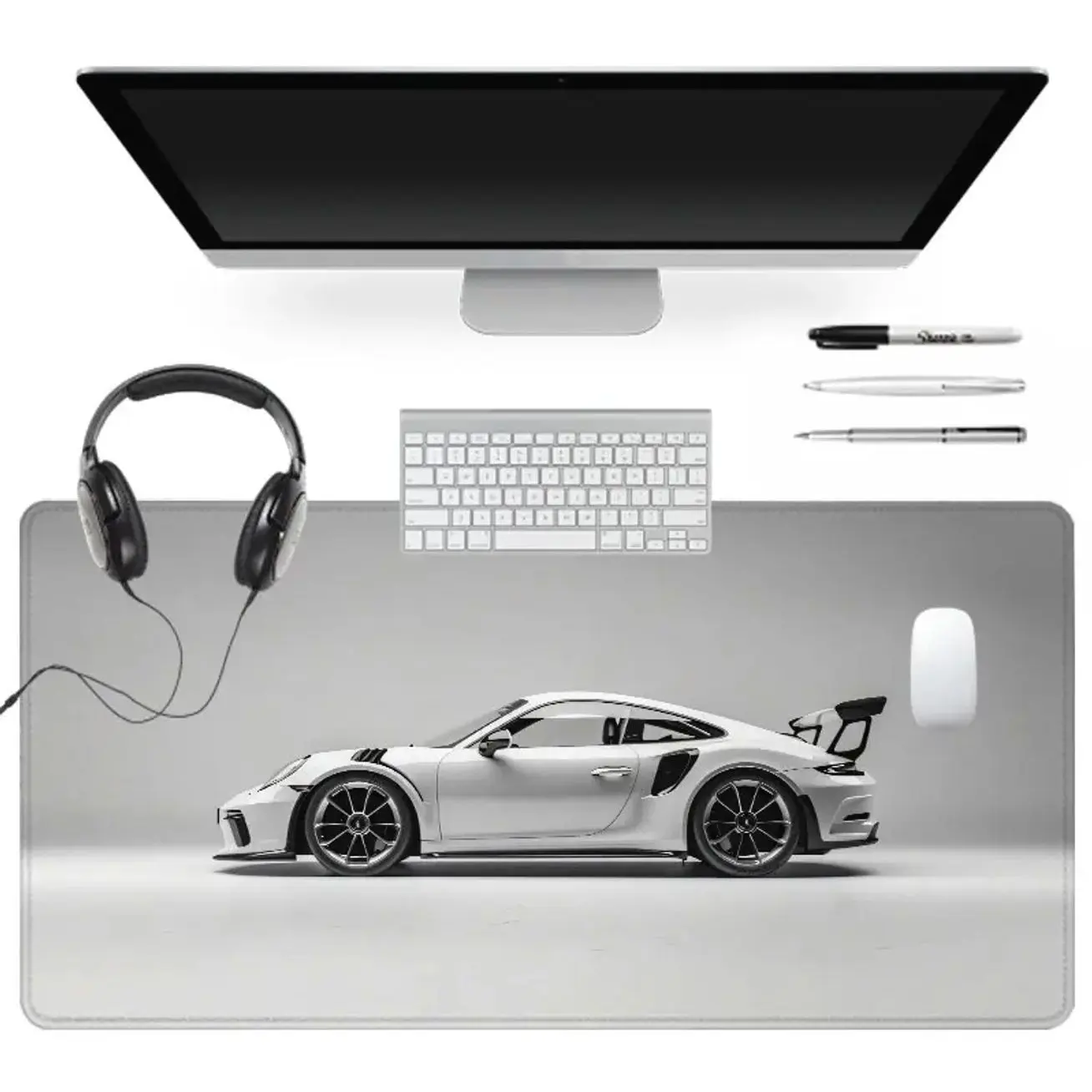 Extra Large White Sports Car Racing Mouse Pad, Gaming Mouse Pads, Computer Mouse Pad, Gaming Room Accessories, with Sleek Design 35x16 Inch Non Slip Mousepad Suitable for Families, Offices and Schools, Perfect Gift for Family and Friends