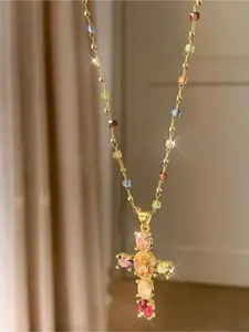 1pc Y2K Rainbow Colorful Cross Pendant Necklace Women Elegant Fashion Necklace Hip Hop Party Music Festival Jewelry Gift For Girlfriend Lover Couple Necklace For Woman