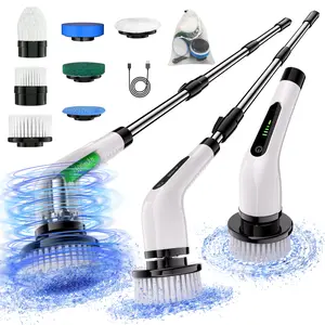 Electric Spin Scrubber Cordless Full Body Waterproof Cleaning Brush with Displaying Battery Level, 7 Replaceable Heads, Dual Speed, and Detachable Telescopic Handle for Kitchen Living Room Bathroom