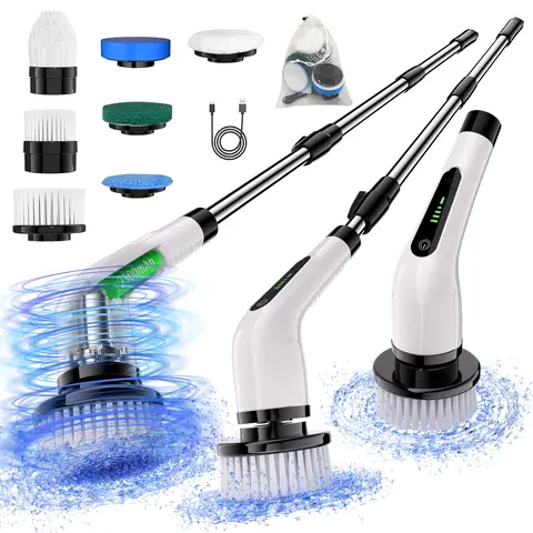 Cordless Rechargeable Electric Spin Scrubber - L-Shaped Plastic Body, 3-Hour Type-C Quick Charge, 90min Runtime, Full Body Waterproof, Battery Level Display, 7 Replaceable Heads, Adjustable 2-Speed, Detachable Long Telescopic Handle for Kitchen, Bathroom