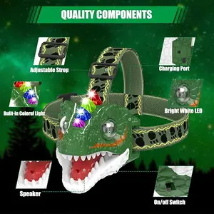 Dinosaur Headlamp for Kids Flashlight Rechargeable Led Dino Head Lamp Roar & Silent Mode, T-Rex Dinosaur Toys for Kids 3 4 5 6 7 8, Camping Gear, Gifts for Boys Girls Adults