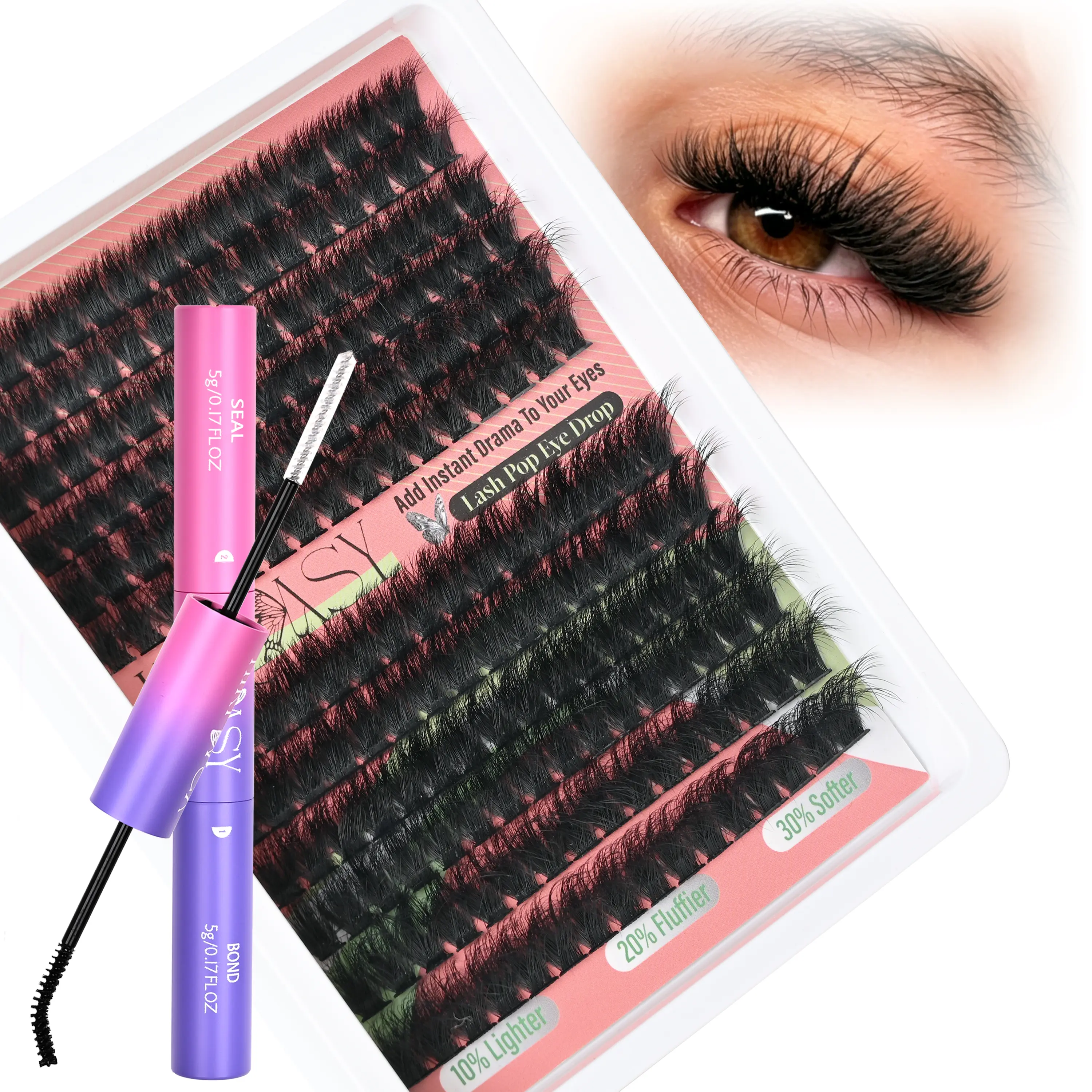 Lash Clusters Kit 12-18mm Mixed Length Volume Individual Clusters Lashes 160D Ultra Soft Matte Black Fiber DIY Lash Extension Kit with Bond&Sealant Thin Band Reusable Cluster Lashes For Daily Makeup