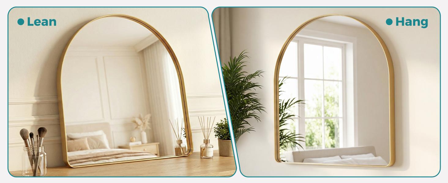 Luxury Arched Bathroom Mirror - Arch Wall Mirror with Shatterproof Tempered Glass and Metal Deep Frame, Hanging or Leaning for Living Room, Dresser, Entrance and Hallway