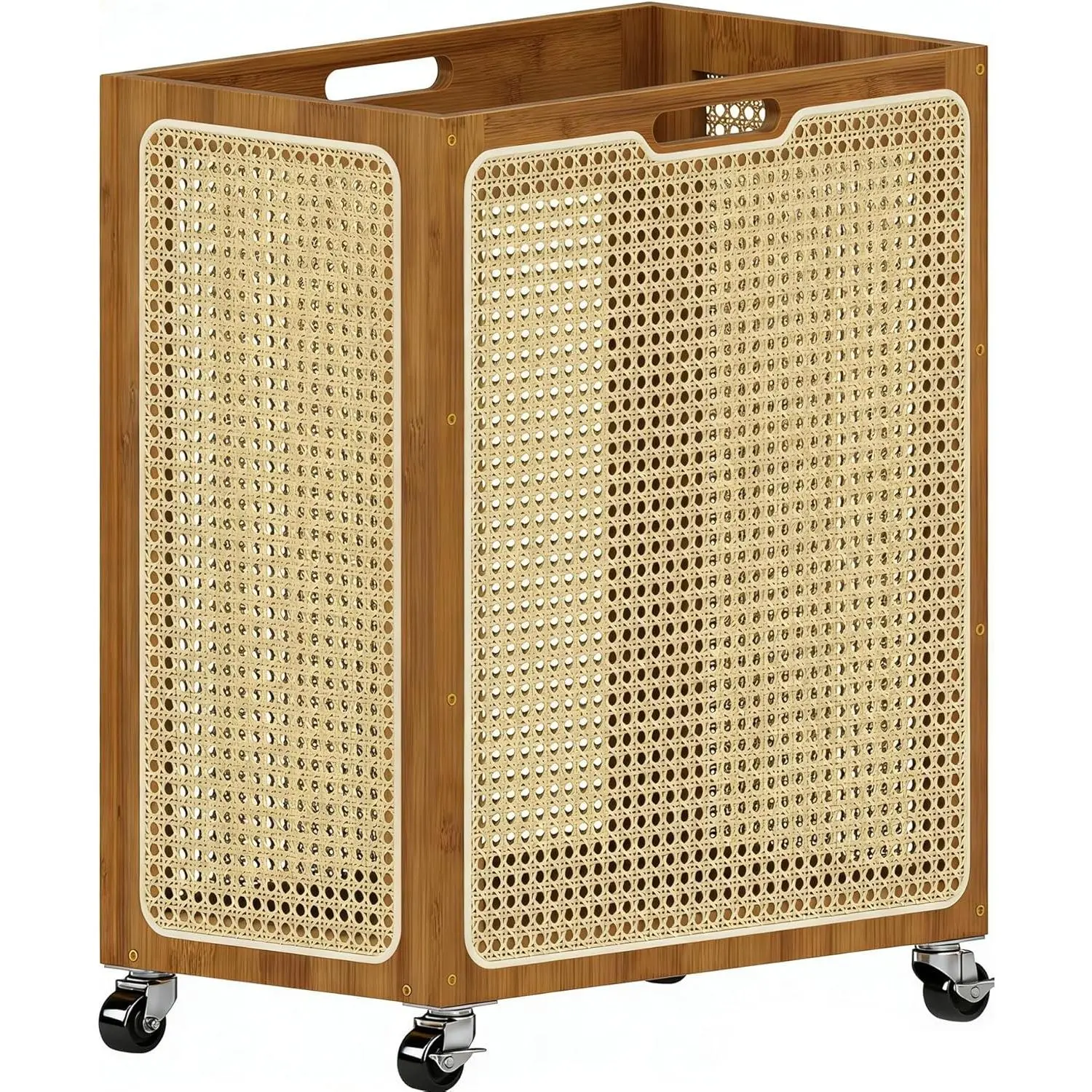 Laundry Hamper with Wheels, Decorative Boho Rattan Laundry Baskets, 90L Large Bamboo Dirty Clothes Basket Organizer, Rolling Wicker Laundry Hampers for Bathroom,Bedroom