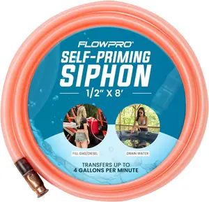 FlowPro Multipurpose Self-Priming Gas Siphon 1/2” x 8' | Durable Industrial Grade Tubing Siphon Hose | Fuel Siphon for Gas, Oil, Water, Non-Corrosive Chemicals | 4 Gallons/Minute |
