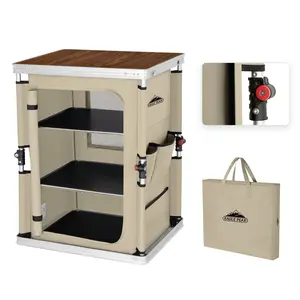 Outdoor Camping Pop Up Folding Table with Large 3-Tier Storage Organizer and Side Pockets