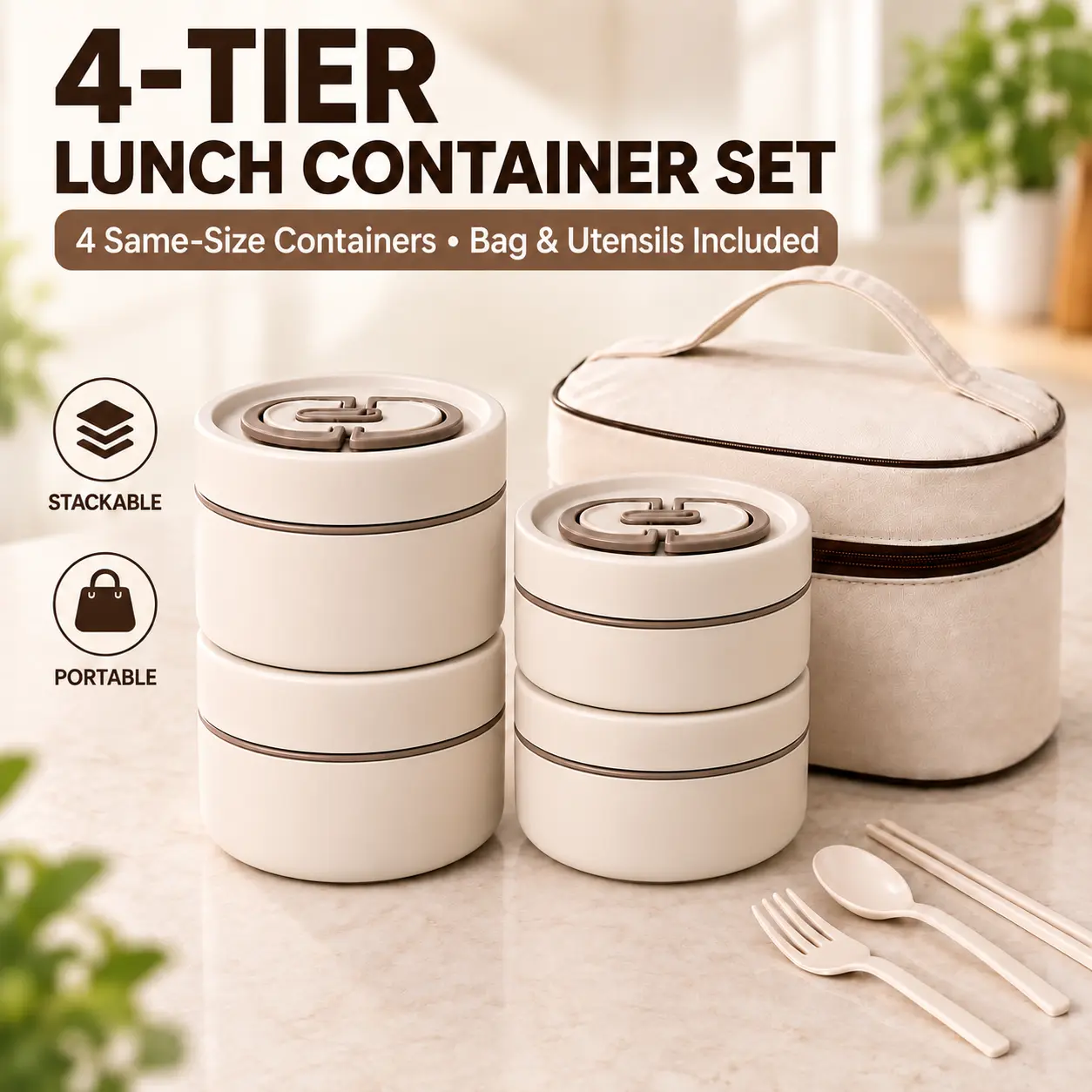 MIUVA 4-Layer Insulated Stainless Steel Bento Lunch Box Set with Vented Lid, Stackable Leak-Resistant Food Container, Utensil Set & Insulated Bag for Adults, Work & Travel