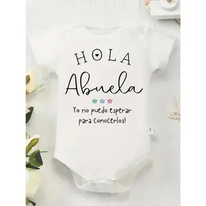 Cute Baby Bodysuit With Hola Abuela I Cant Wait To Meet You Print Soft Versatile Round Neck Button Detail Regular Fit All Seasons Knitted Fabric Onesie For 0-12 Months
