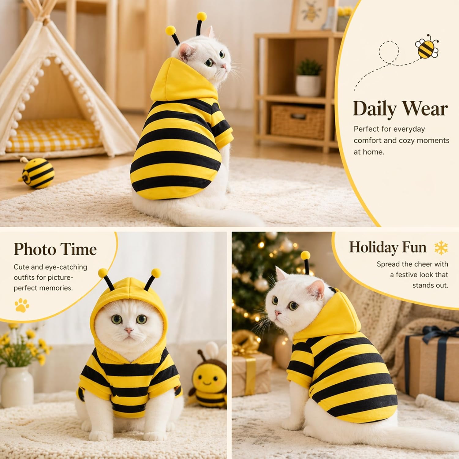 Halloween Cat Bee Costume for Cats & Small Dogs, Bumble Bee Pet Costume, Soft Fleece Hoodie with Antennae, Funny Pet Halloween Costume, Puppy & Kitten Outfit, Pet Photo Prop