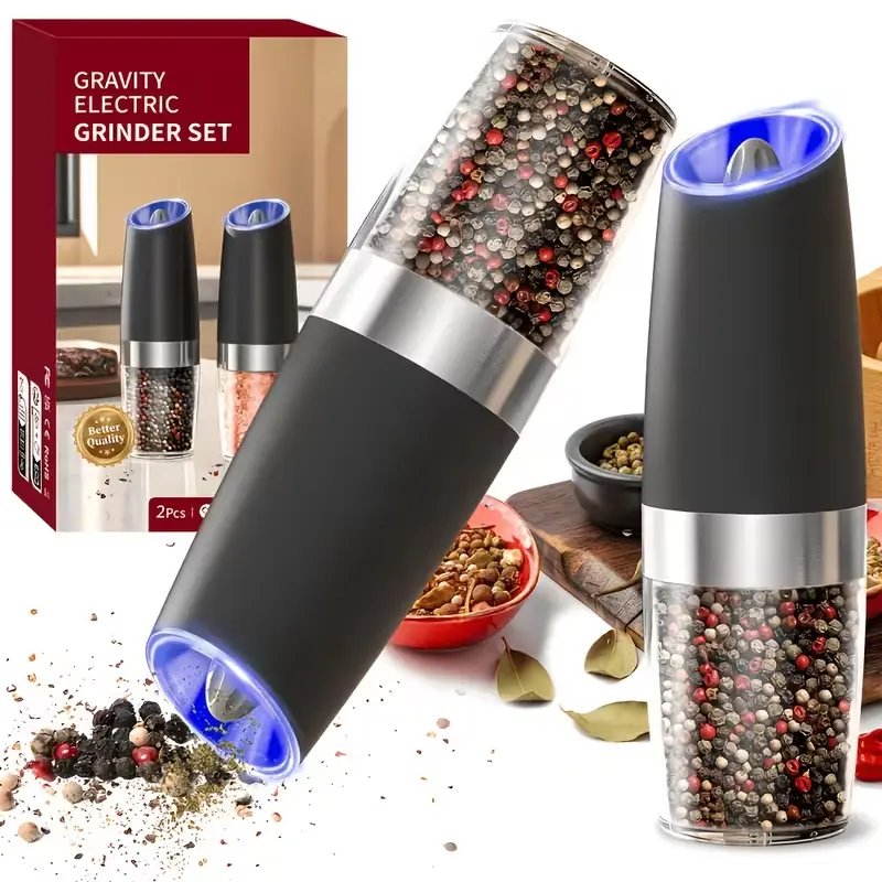 2pcs Electric Salt And Pepper Grinder Set. Automatic Salt And Pepper Grinder with LED Light, Battery-Powered, Adjustable for Coarseness, Large Capacity, Suitable for Home Kitchens And Barbecues, Birthday Gift, Father'S Day Gift, Fast Delivery