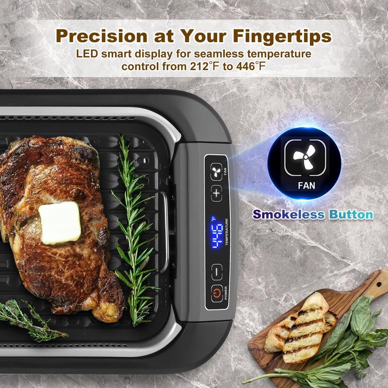 CUSIMAX Smokeless Electric Indoor Grill 1500W Korean BBQ with Non-Stick Removable Plate LED Display & Tempered Glass Lid Grey for Indoor Grilling grill rack electric mini