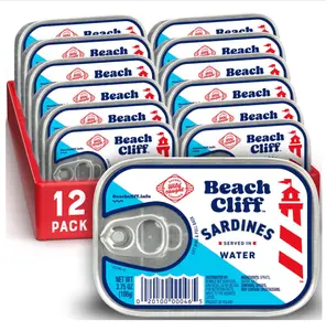Beach Cliff Sardines in Water, 3.75 oz Can (Pack of 12) - Wild Caught Sardines - 12g Protein per Serving - Gluten Free, Keto Friendly