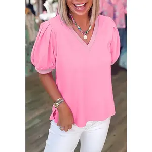 Pink Solid Color V Neck Short Puff Sleeve Top
