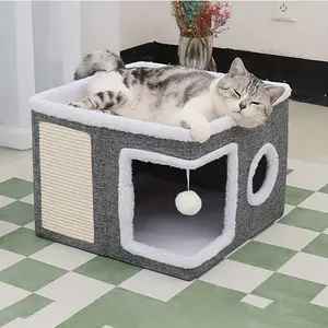 Luxury Dual-Layer Indoor Cat Bed, Foldable Cat House with Scratching Pad, Non-Slip Bottom, Four Seasons Use