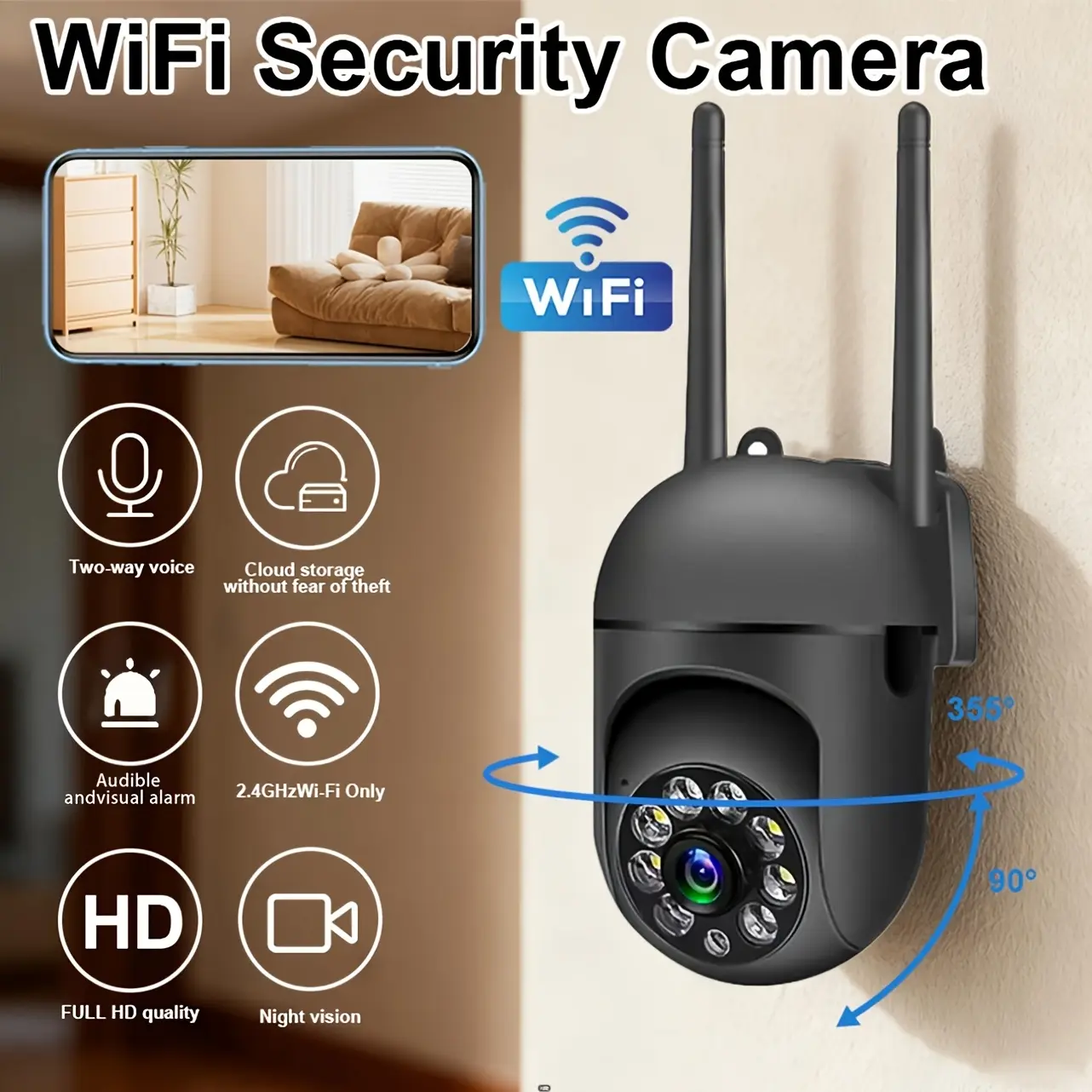 NKCCNUR 1pc  WiFi Security Camera, smart human/vehicle/pet detection, motion alert, two-way audio,  HD night vision, real-time remote viewing, supports SD card & cloud storage【Nkccnur】