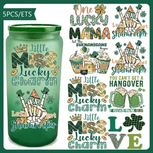 Premium 5pcs St. Patrick's Day UV DTF Decorative Stickers, Lucky Mama Irish Clover Themed Wall Decals For Home Wall Decor & General Decorative Projects