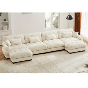 U Shaped Sectional Sofa Cloud Couch with Movable Ottomans,Convertible Deep 4 Seater Modern Velvet Comfy Upholstered Corner Couch with Blostered Armrests, Waist Pillow and Throw Pillows,Cream