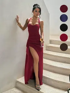 Women's Summer Elegant Halter Tie Back Chest Show off Split Thigh Ruffle Dress, Perfect for Dates, Parties, Travel, Vacation