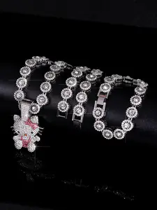 Trendy Fashion Shine Blingbling Chrysanthemum Chain Necklace & Bracelet Set, Cartoon Animal Cat Pendant, Unisex Jewelry for Daily Wear