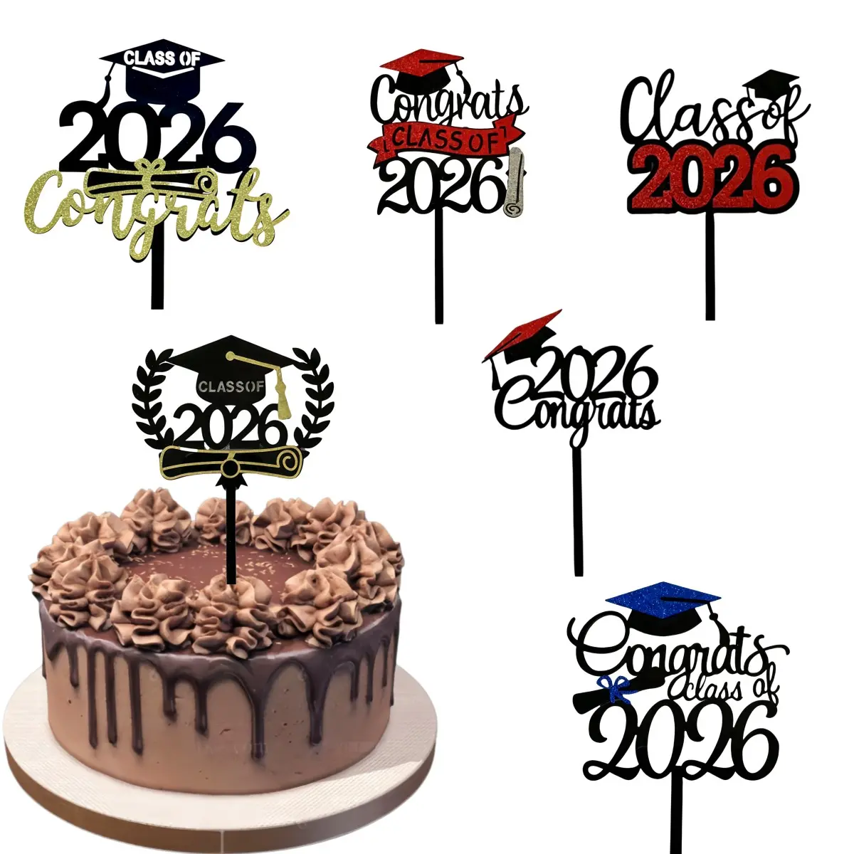 6pcs Graduation Acrylic Cake Topper Set, Class of 2026 Academic Cap Design, Perfect Graduation Celebration Party Decorations & Celebratory Accessories, Cake Decorating Supplies, Graduation Cupcake Toppers