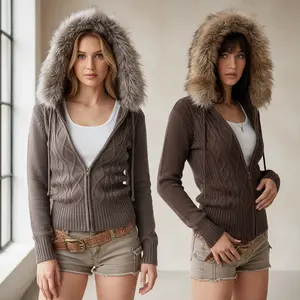 Women's Cable-Knit Faux Fur Hooded Zip-Up Sweater, Y2K Soft Warm Long-Sleeve Cardigan, Adjustable Drawstring Hood Casual Outerwear