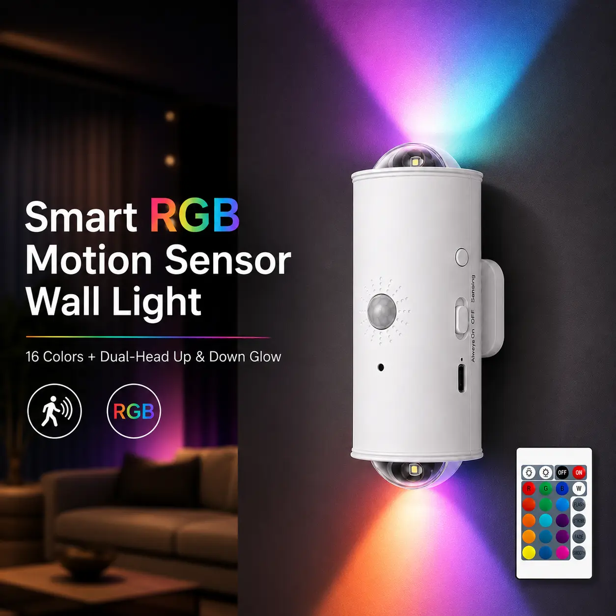 PINKART Smart Motion Sensor Wall Light, Rechargeable Magnetic LED Wall Sconce with Remote Control, Dual Up/Down Lighting, RGB Ambient Wall Lamp, Cordless Night Light for Bedroom, Hallway, Stairway, Closet