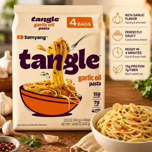 Samyang Tangle Garlic Oil Linguine, Aromatic Roasted Garlic & Olive Oil Flavor, Spicy Kick Air-Dried Instant Noodles, Easy-Cook Food, 3.63 oz (Pack of 4)