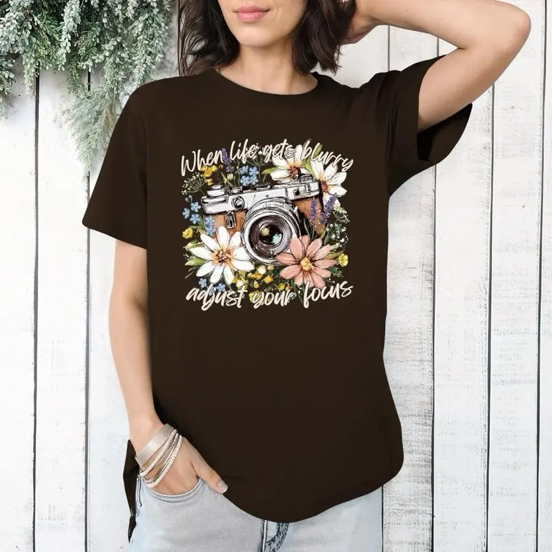 When life gets blurry adjust your focus Cotton Unisex Womenswear Top Classic Fit Tubular Body 7/8" Collar Double-needle Hems - Fabric, Bottom Shirt Day Black book gift