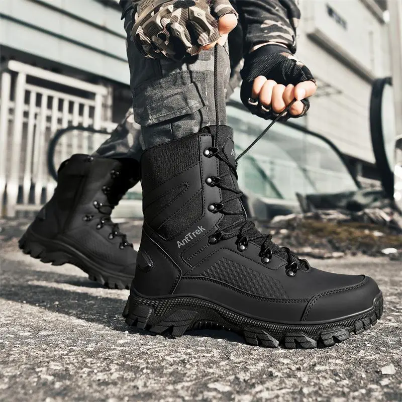 Men's outdoor military boots, field training combat boots, warm, wear-re Worker sistant, anti-slip, and dirt-resistant Footwear Boy Footwear Boy Closed Walking Shoes Walking Shoes Sweat Black,Gift