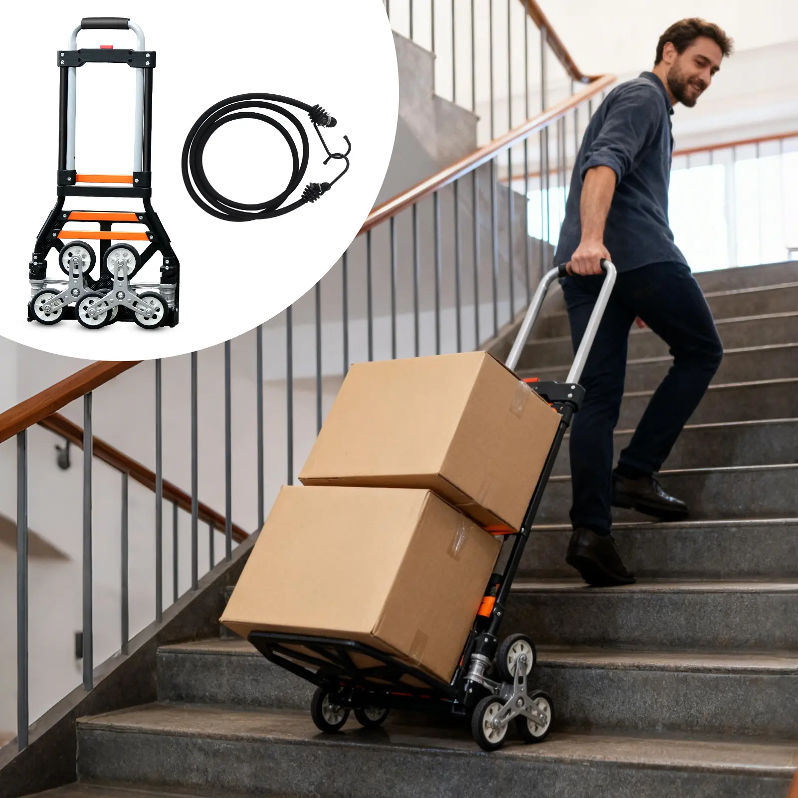 Heavy Duty Stair Climbing Cart - 6-Wheel Hand Truck, 280LBS Capacity Foldable Trolley with Dual Handle, 2 Elastic Ropes for Home Transportation Needs (Black Friday Deal)