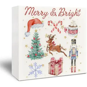 Coquette Christmas Wooden Sign - Navidad Merry Christmas Decor, Nutcracker Reindeer Decor, Merry Bright Wooden Box Sign for Home Kitchen Bathroom Table Desk Shelf Decoration, 5x5 Inch