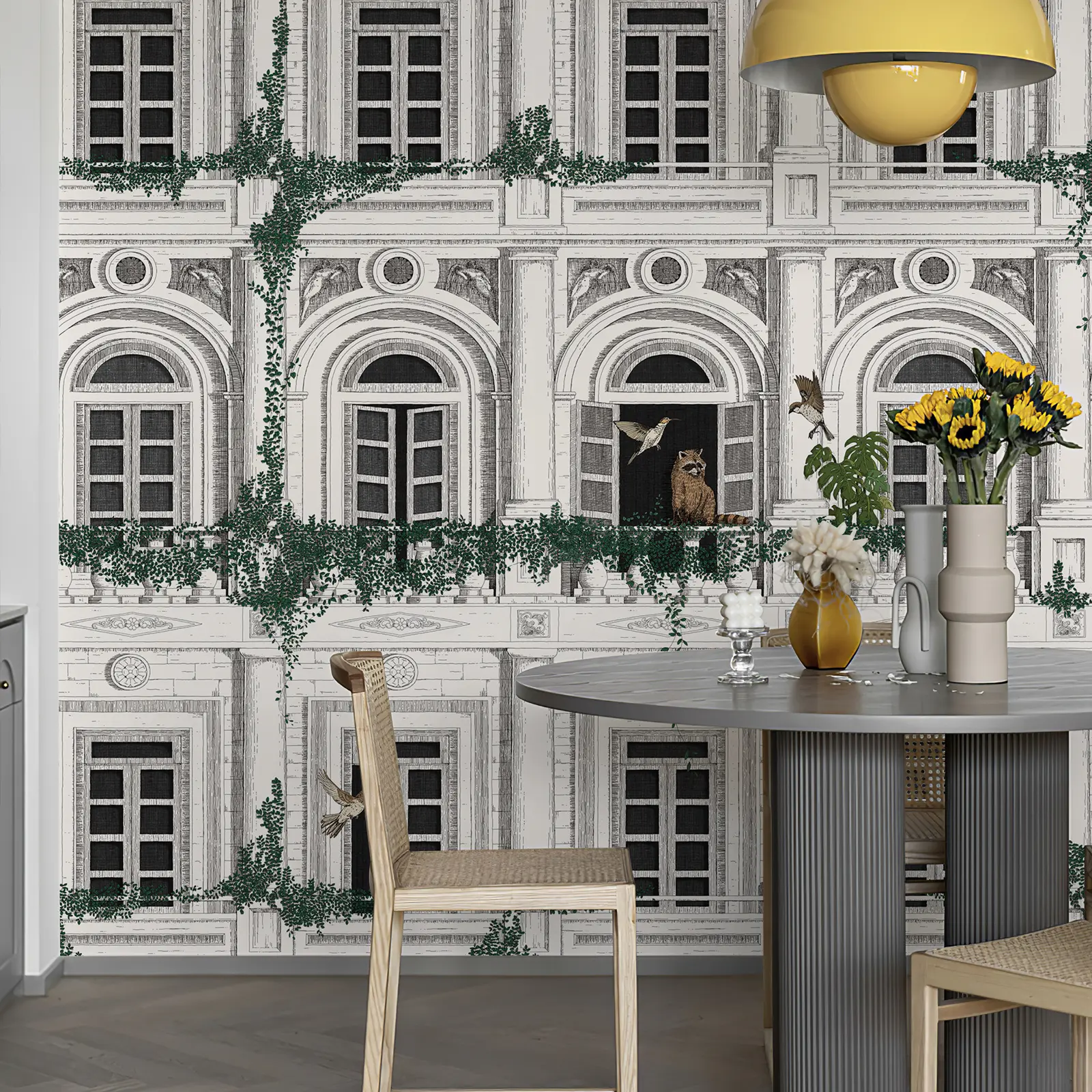 French Wall Mural Peel and Stick Large 3D Moulding Wallpaper Canvas - Vintage White, 148" W x 98" H - Animal Birds Nursery Paper for Living Room Background, Bedroom Sticker