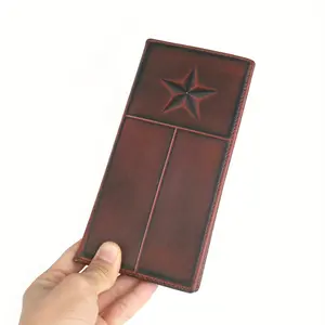 Western Cowboy Cowgirl Star Embossed Full Grain Leather Checkbook Wallet For Men Vintage Genuine Leather Bifold Long Wallet, Gift For Husband
